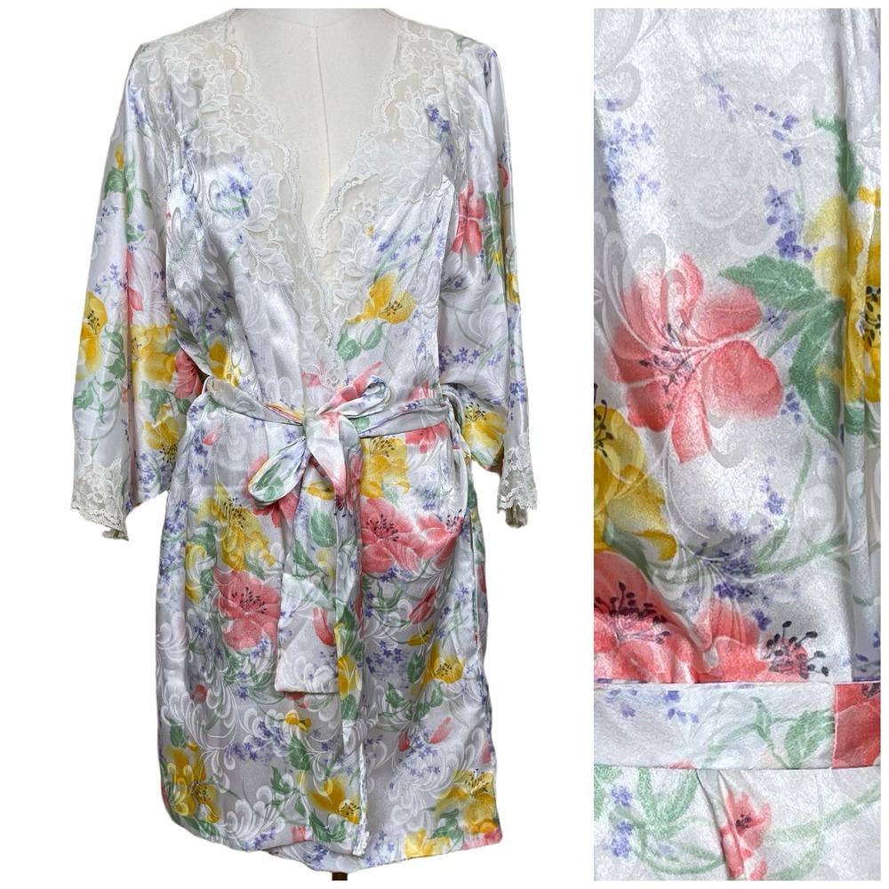 Vintage Natori Floral Satin‎ Robe Women M White Lace Trim Kimono Sleeve Belted